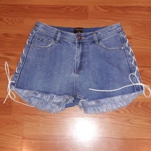 jean shorts raw hem with suede ties